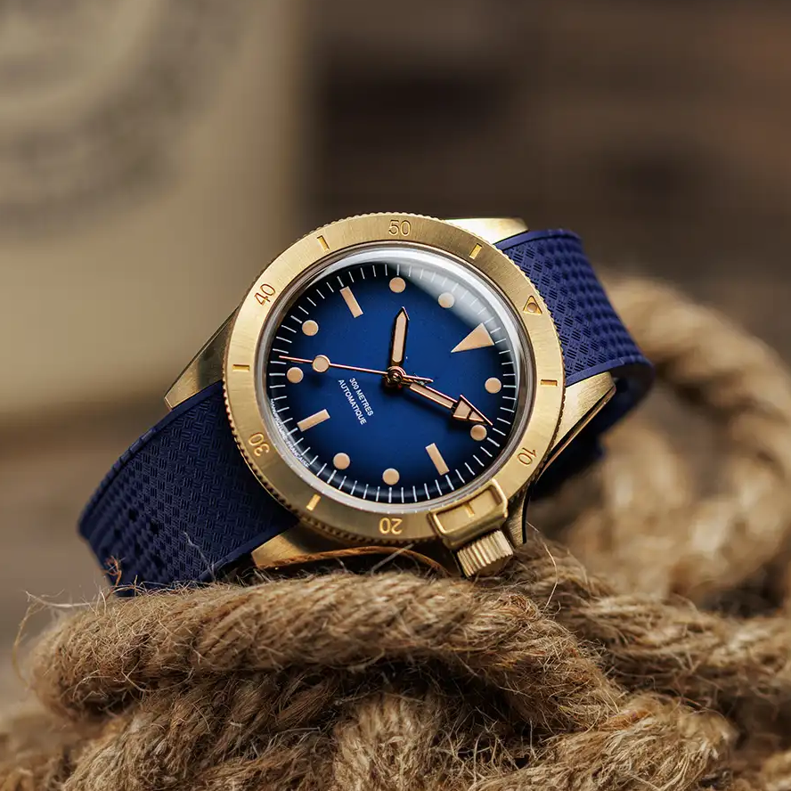 Phosphor bronze watch case detail, developing a natural patina