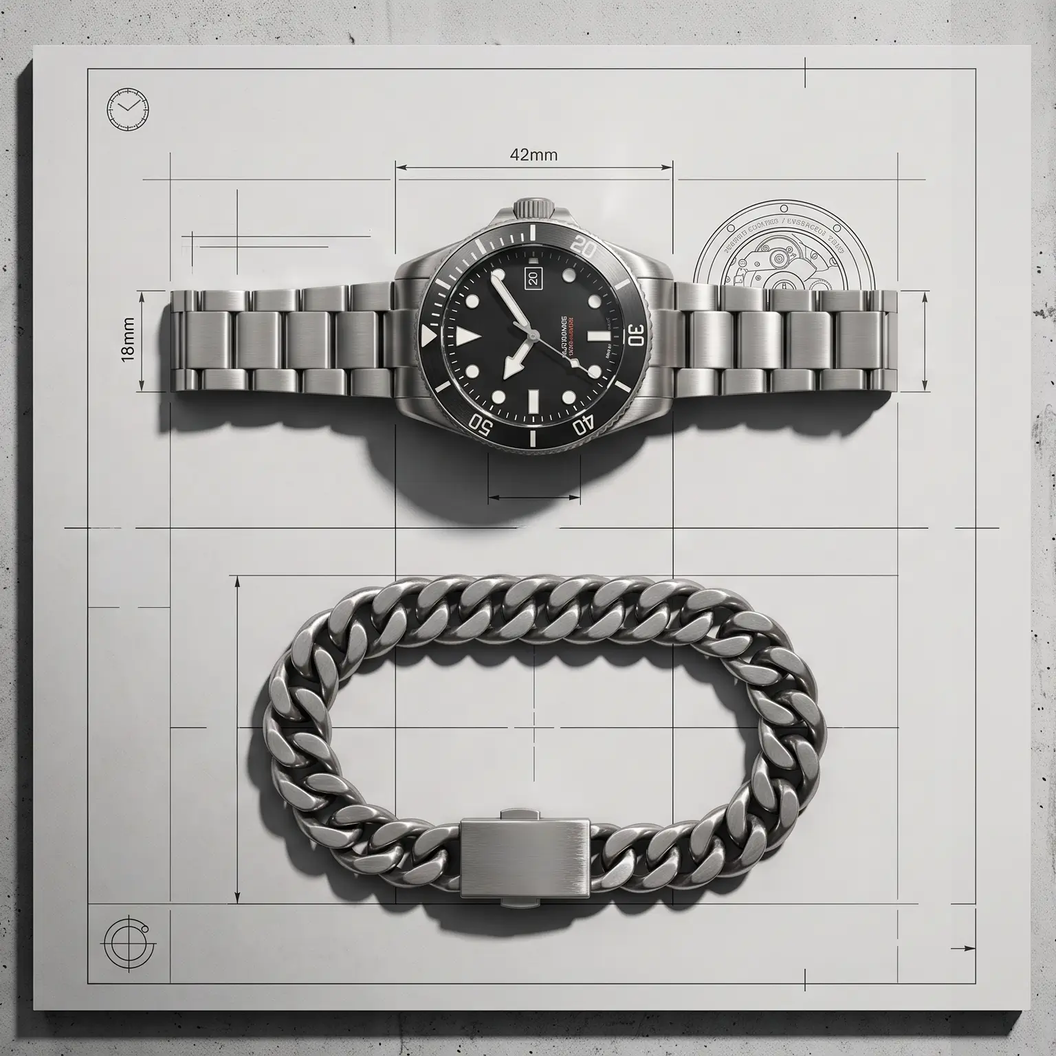 Engineering blueprint of a stainless steel watch, by BCL watch manufacturer