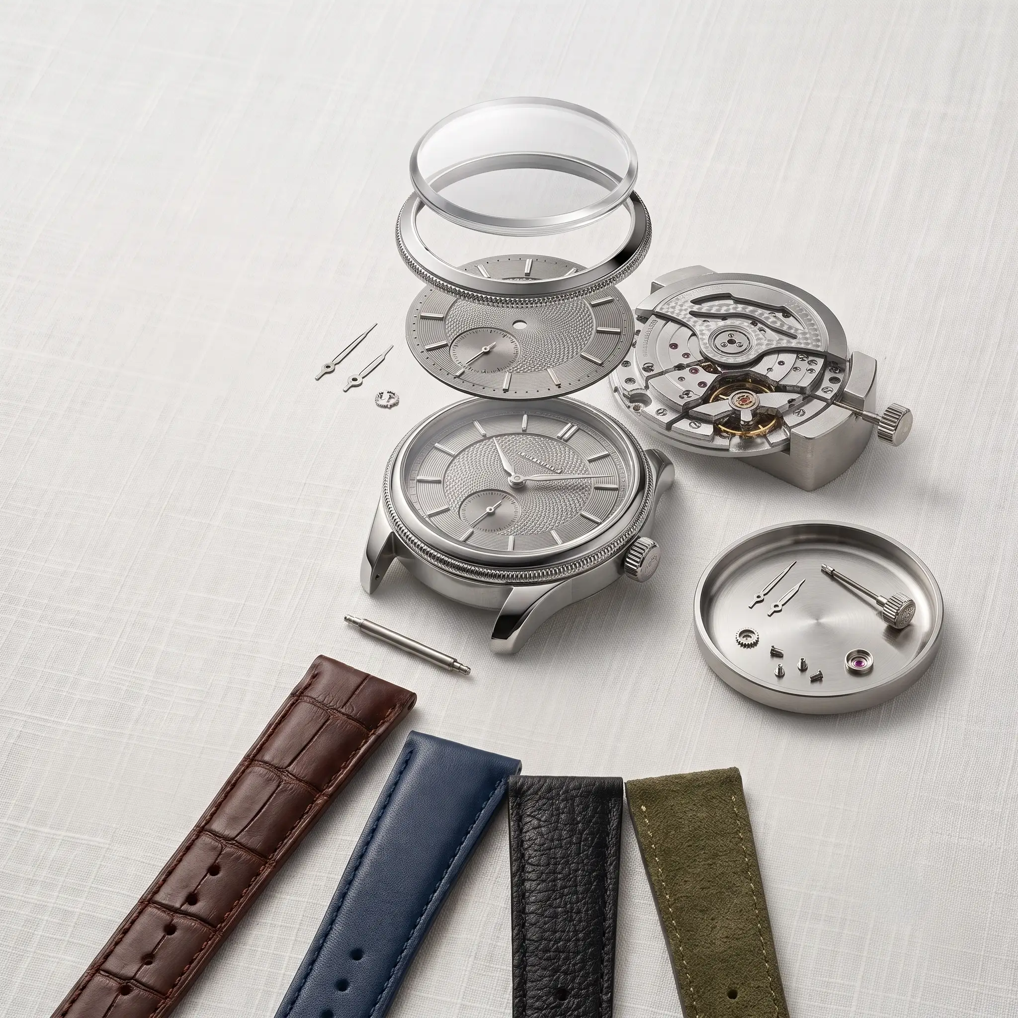 Macro detail of a luxury watch case and dial, crafted in-house by BCL watch manufacturer